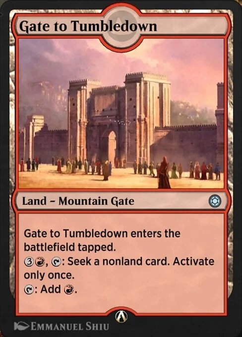 Gate to Tumbledown, carta Magic di tipo Land — Mountain Gate illustrata da Emmanuel Shiu