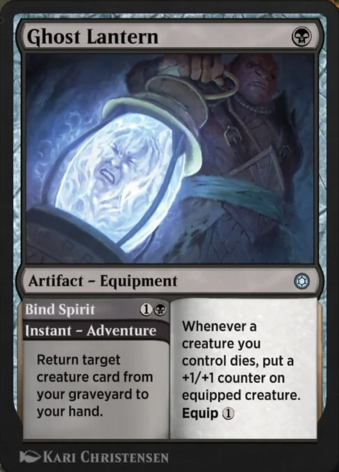 Ghost Lantern // Bind Spirit, carta Magic di tipo Artifact — Equipment // Instant — Adventure illustrata da Julian Kok Joon Wen