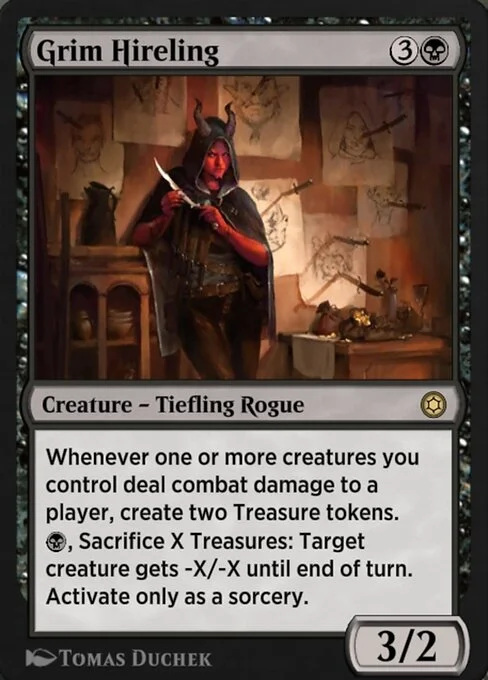 Grim Hireling, carta Magic di tipo Creature — Tiefling Rogue illustrata da Tomas Duchek