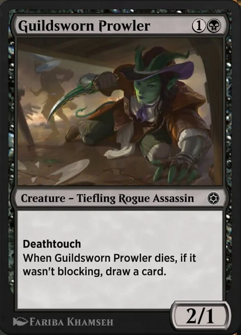 Guildsworn Prowler, carta Magic di tipo Creature — Tiefling Rogue Assassin illustrata da Fariba Khamseh