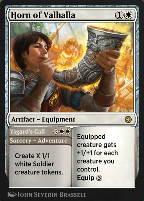 Horn of Valhalla // Ysgard's Call, carta Magic di tipo Artifact — Equipment // Sorcery — Adventure illustrata da John Severin Brassell