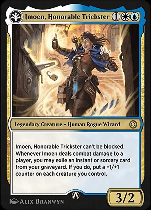 Imoen, Honorable Trickster, carta Magic di tipo Legendary Creature — Human Rogue Wizard illustrata da Alix Branwyn