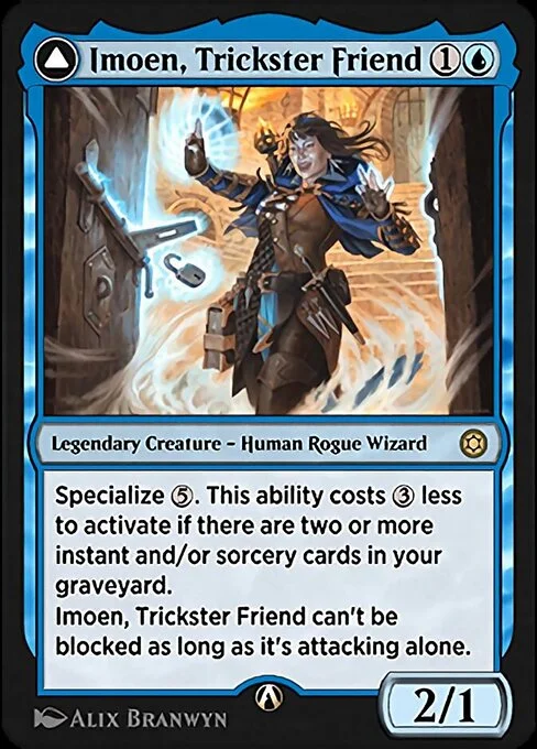 Imoen, Trickster Friend, carta Magic di tipo Legendary Creature — Human Rogue Wizard illustrata da Alix Branwyn