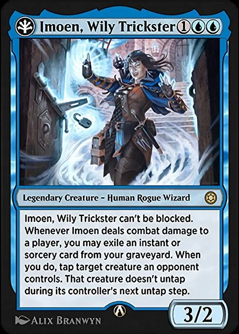 Imoen, Wily Trickster, carta Magic di tipo Legendary Creature — Human Rogue Wizard illustrata da Alix Branwyn