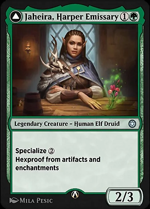 Jaheira, Harper Emissary, carta Magic di tipo Legendary Creature — Human Elf Druid illustrata da Mila Pesic