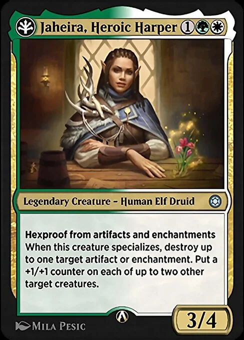 Jaheira, Heroic Harper, carta Magic di tipo Legendary Creature — Human Elf Druid illustrata da Mila Pesic