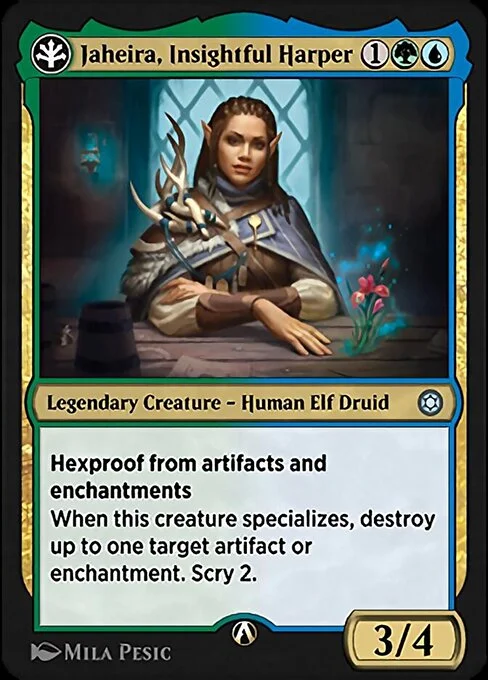 Jaheira, Insightful Harper, carta Magic di tipo Legendary Creature — Human Elf Druid illustrata da Mila Pesic