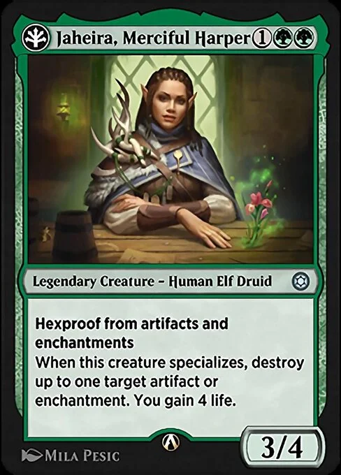 Jaheira, Merciful Harper, carta Magic di tipo Legendary Creature — Human Elf Druid illustrata da Mila Pesic