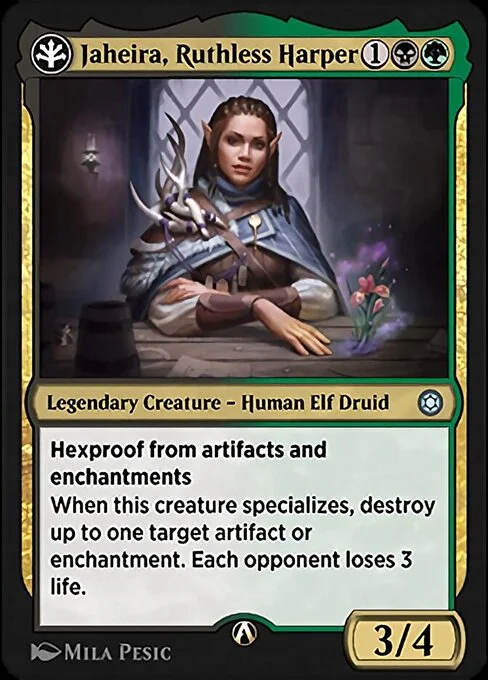 Jaheira, Ruthless Harper, carta Magic di tipo Legendary Creature — Human Elf Druid illustrata da Mila Pesic