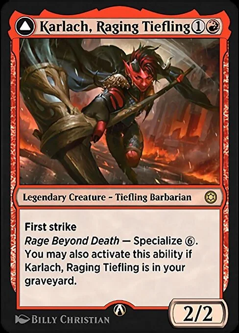 Karlach, Raging Tiefling, carta Magic di tipo Legendary Creature — Tiefling Barbarian illustrata da Billy Christian