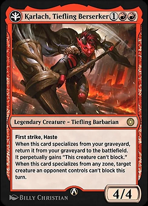Karlach, Tiefling Berserker, carta Magic di tipo Legendary Creature — Tiefling Barbarian illustrata da Billy Christian