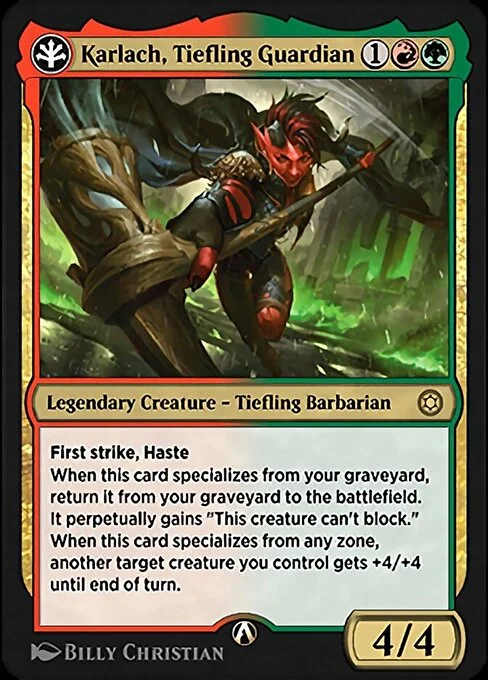Karlach, Tiefling Guardian, carta Magic di tipo Legendary Creature — Tiefling Barbarian illustrata da Billy Christian