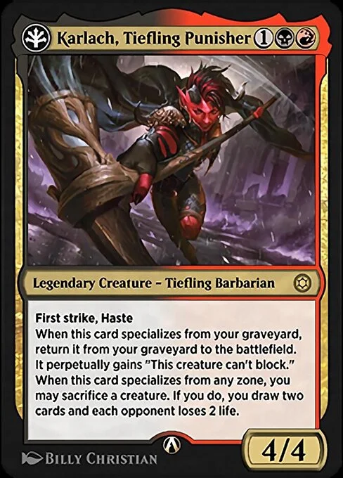 Karlach, Tiefling Punisher, carta Magic di tipo Legendary Creature — Tiefling Barbarian illustrata da Billy Christian
