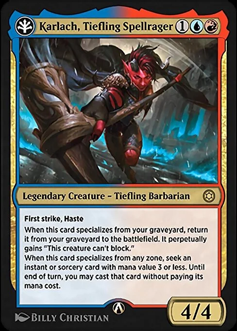 Karlach, Tiefling Spellrager, carta Magic di tipo Legendary Creature — Tiefling Barbarian illustrata da Billy Christian