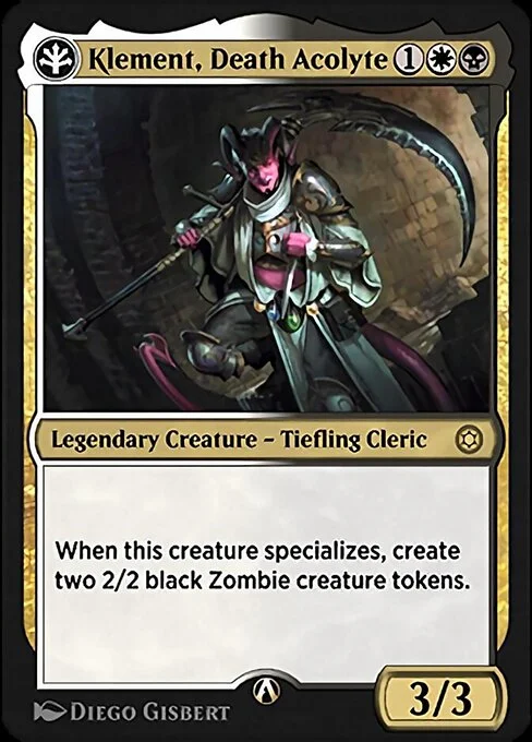 Klement, Death Acolyte, carta Magic di tipo Legendary Creature — Tiefling Cleric illustrata da Diego Gisbert