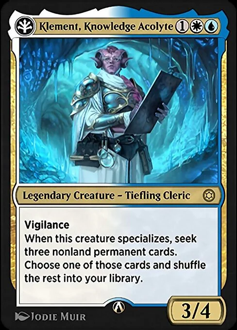 Klement, Knowledge Acolyte, carta Magic di tipo Legendary Creature — Tiefling Cleric illustrata da Jodie Muir