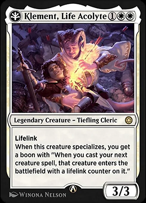 Klement, Life Acolyte, carta Magic di tipo Legendary Creature — Tiefling Cleric illustrata da Winona Nelson