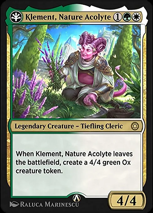 Klement, Nature Acolyte, carta Magic di tipo Legendary Creature — Tiefling Cleric illustrata da Raluca Marinescu