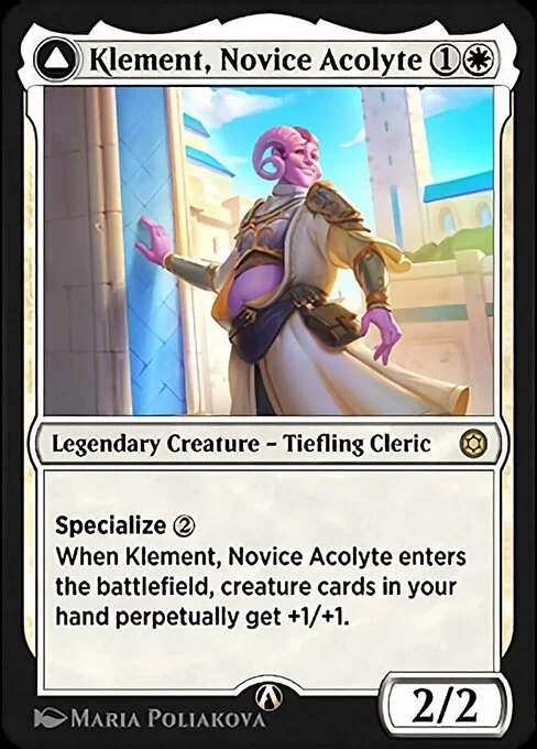 Klement, Novice Acolyte, carta Magic di tipo Legendary Creature — Tiefling Cleric illustrata da Maria Poliakova
