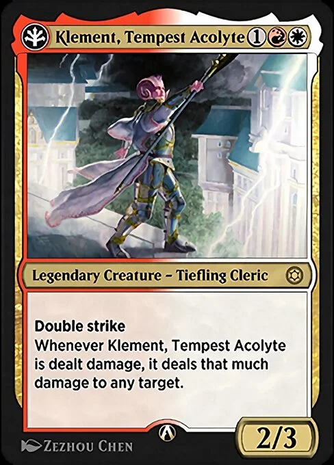 Klement, Tempest Acolyte, carta Magic di tipo Legendary Creature — Tiefling Cleric illustrata da Zezhou Chen