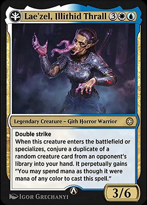 Lae'zel, Illithid Thrall, carta Magic di tipo Legendary Creature — Gith Horror Warrior illustrata da Igor Grechanyi