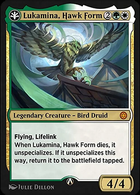 Lukamina, Hawk Form, carta Magic di tipo Legendary Creature — Bird Druid illustrata da Julie Dillon