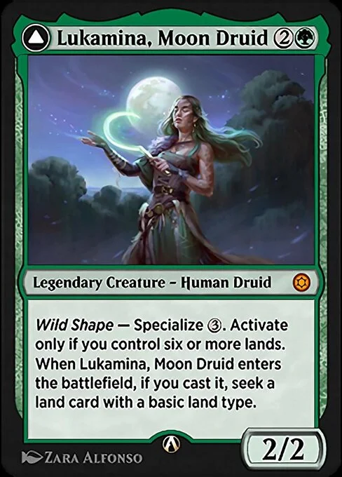 Lukamina, Moon Druid, carta Magic di tipo Legendary Creature — Human Druid illustrata da Zara Alfonso