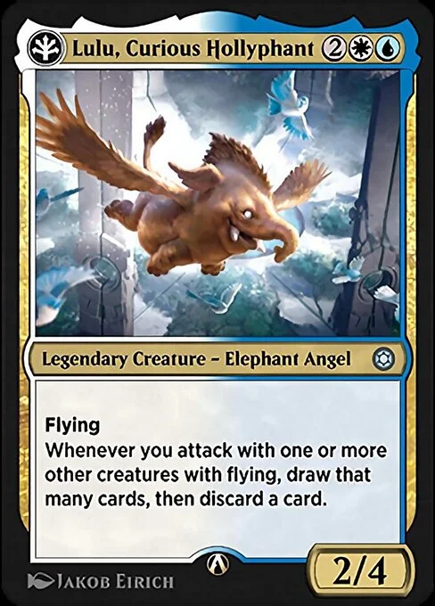 Lulu, Curious Hollyphant, carta Magic di tipo Legendary Creature — Elephant Angel illustrata da Jakob Eirich