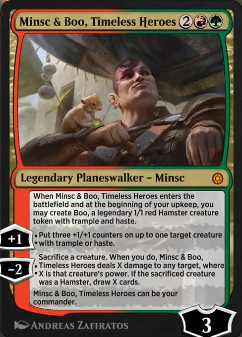 Minsc & Boo, Timeless Heroes, carta Magic di tipo Legendary Planeswalker — Minsc illustrata da Andreas Zafiratos