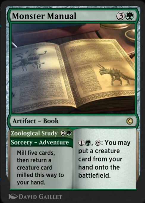 Monster Manual // Zoological Study, carta Magic di tipo Artifact — Book // Sorcery — Adventure illustrata da David Gaillet