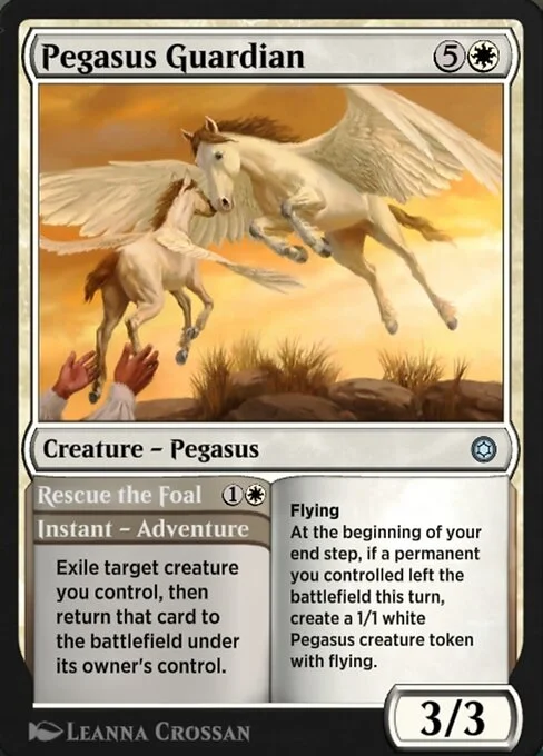 Pegasus Guardian // Rescue the Foal, carta Magic di tipo Creature — Pegasus // Instant — Adventure illustrata da Leanna Crossan