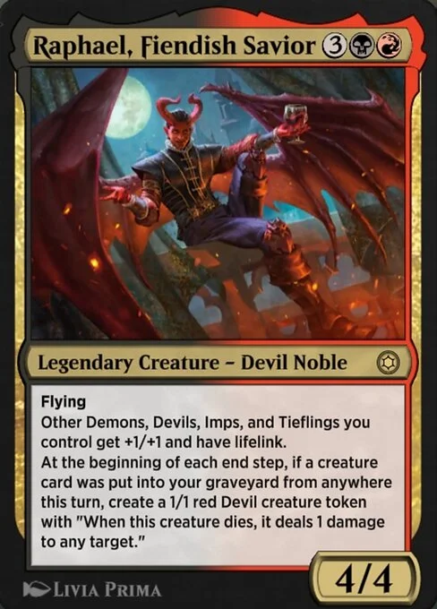 Raphael, Fiendish Savior, carta Magic di tipo Legendary Creature — Devil Noble illustrata da Livia Prima