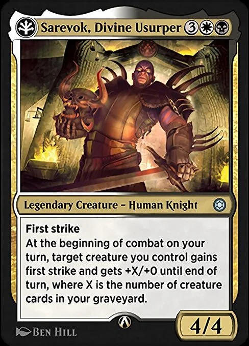 Sarevok, Divine Usurper, carta Magic di tipo Legendary Creature — Human Knight illustrata da Ben Hill