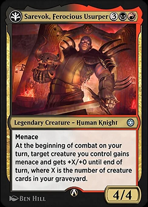 Sarevok, Ferocious Usurper, carta Magic di tipo Legendary Creature — Human Knight illustrata da Ben Hill