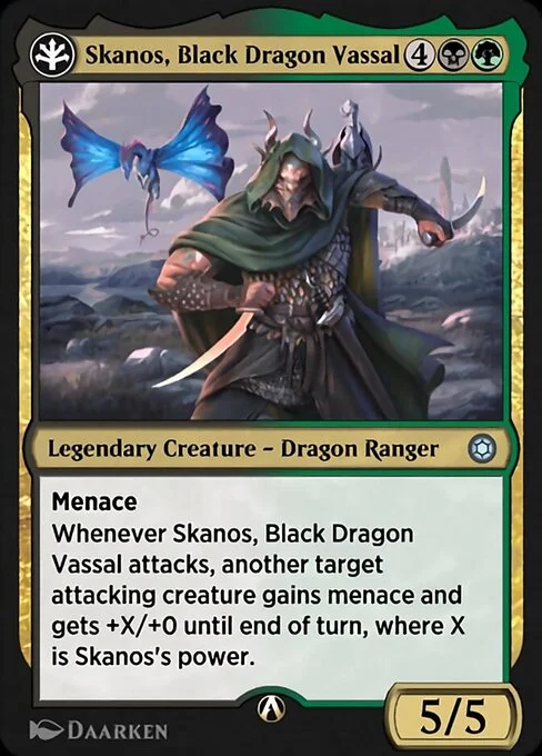 Skanos, Black Dragon Vassal, carta Magic di tipo Legendary Creature — Dragon Ranger illustrata da Daarken