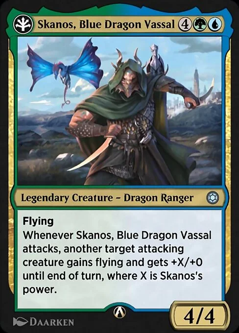 Skanos, Blue Dragon Vassal, carta Magic di tipo Legendary Creature — Dragon Ranger illustrata da Daarken