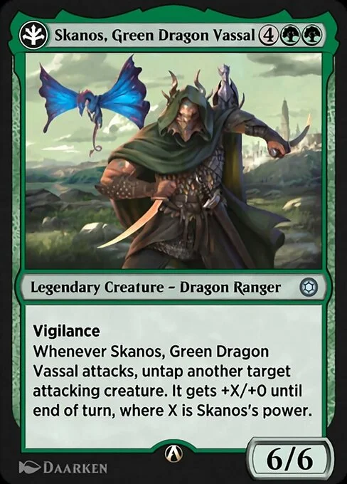 Skanos, Green Dragon Vassal, carta Magic di tipo Legendary Creature — Dragon Ranger illustrata da Daarken