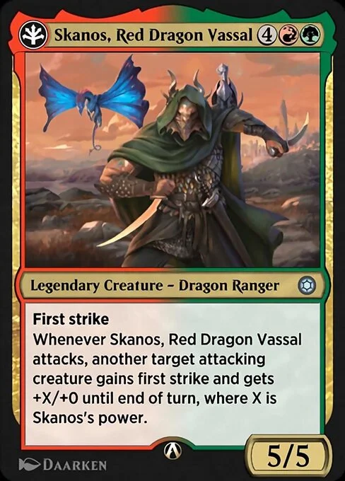 Skanos, Red Dragon Vassal, carta Magic di tipo Legendary Creature — Dragon Ranger illustrata da Daarken