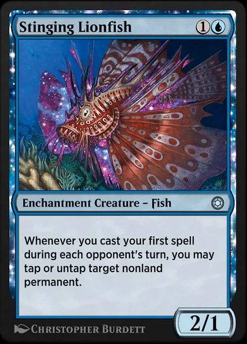 Stinging Lionfish, carta Magic di tipo Enchantment Creature — Fish illustrata da Christopher Burdett