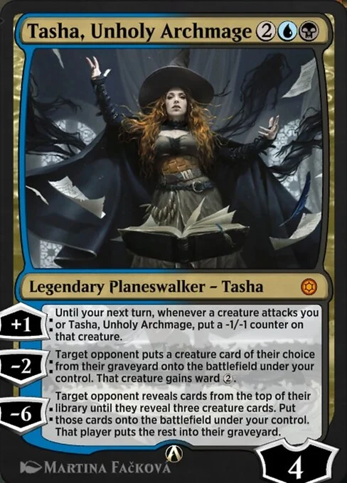 Tasha, Unholy Archmage, carta Magic di tipo Legendary Planeswalker — Tasha illustrata da Martina Fačková