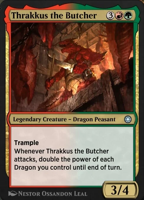 Thrakkus the Butcher, carta Magic di tipo Legendary Creature — Dragon Peasant illustrata da Néstor Ossandón Leal