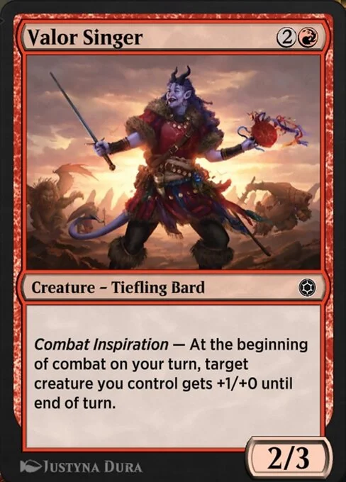 Valor Singer, carta Magic di tipo Creature — Tiefling Bard illustrata da Justyna Dura