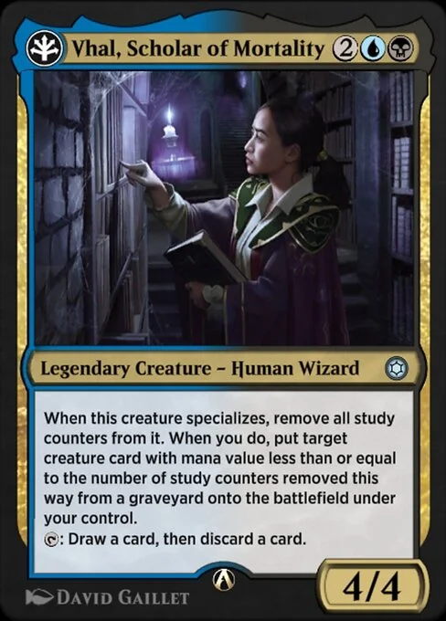 Vhal, Scholar of Mortality, carta Magic di tipo Legendary Creature — Human Wizard illustrata da David Gaillet