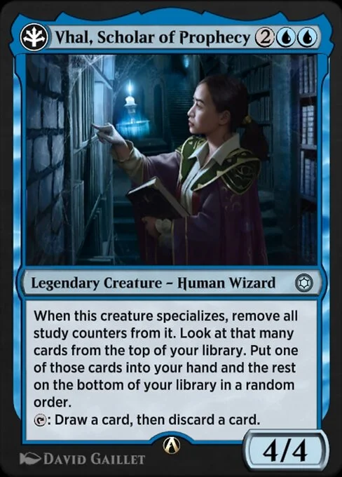 Vhal, Scholar of Prophecy, carta Magic di tipo Legendary Creature — Human Wizard illustrata da David Gaillet