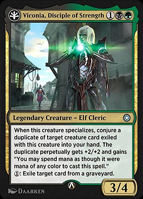 Viconia, Disciple of Strength, carta Magic di tipo Legendary Creature — Elf Cleric illustrata da Daarken