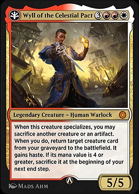 Wyll of the Celestial Pact, carta Magic di tipo Legendary Creature — Human Warlock illustrata da Mads Ahm