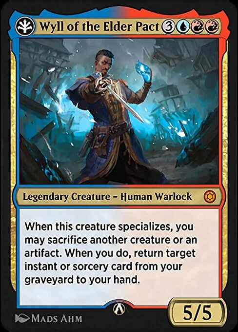 Wyll of the Elder Pact, carta Magic di tipo Legendary Creature — Human Warlock illustrata da Mads Ahm