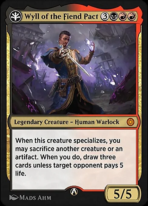Wyll of the Fiend Pact, carta Magic di tipo Legendary Creature — Human Warlock illustrata da Mads Ahm