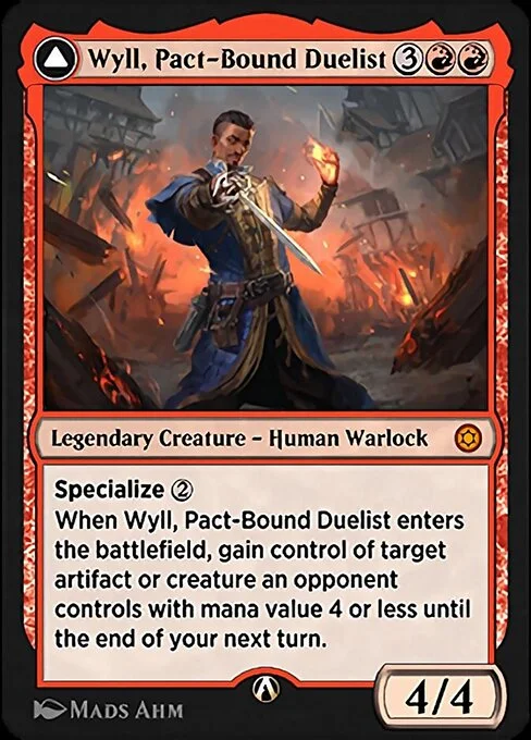Wyll, Pact-Bound Duelist, carta Magic di tipo Legendary Creature — Human Warlock illustrata da Mads Ahm