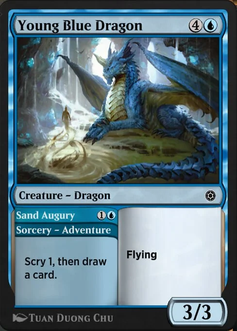Young Blue Dragon // Sand Augury, carta Magic di tipo Creature — Dragon // Sorcery — Adventure illustrata da Tuan Duong Chu